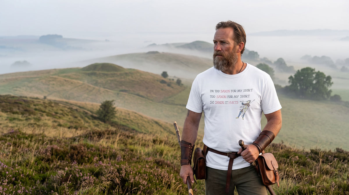 I'm Too Saxon For My Shirt t-shirt worn on a misty English hilltop